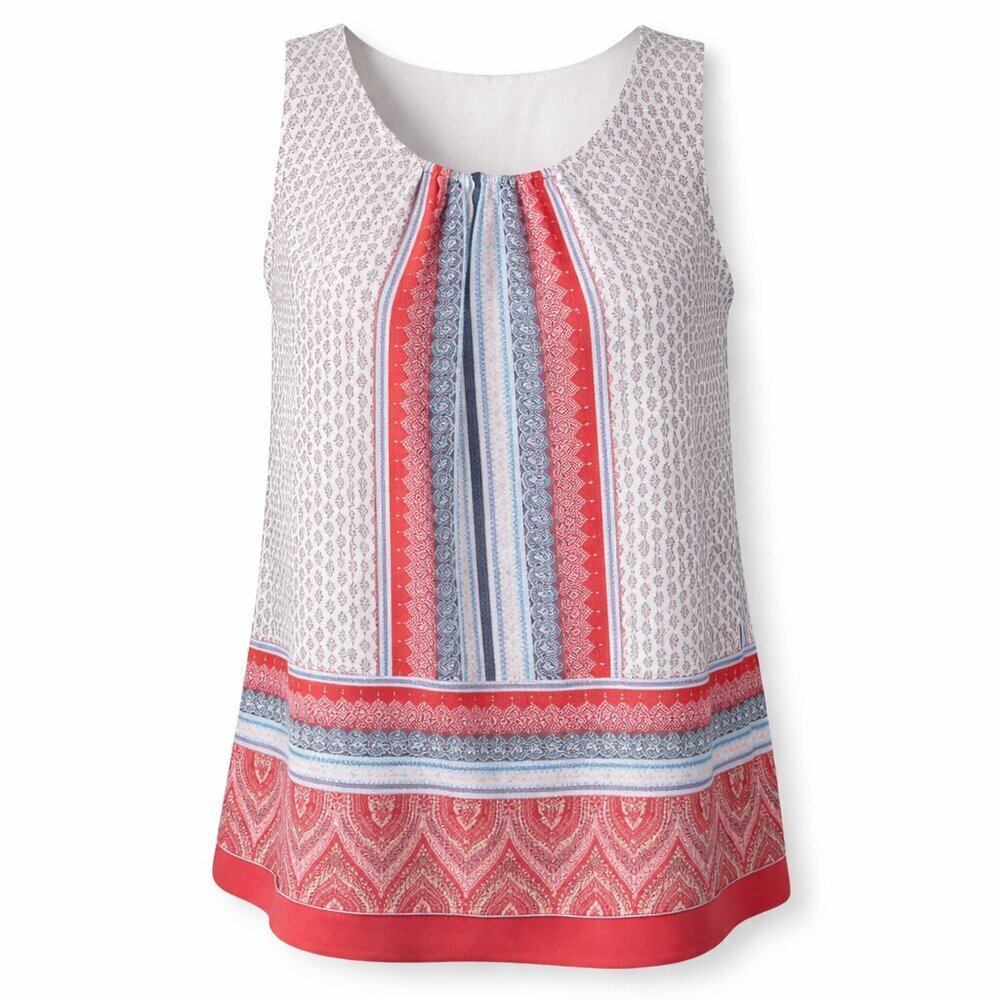 Rose + Olive Boho Sleeveless Blouse Red White Blue Geometric Print Size M